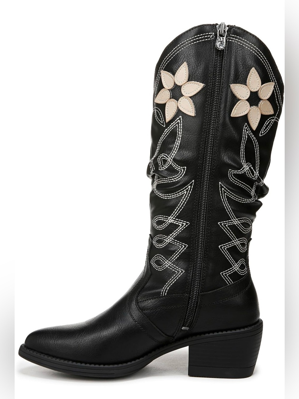 Black Western Knee-High Boots with Cream Floral Appliqué - Picture 2 of 15
